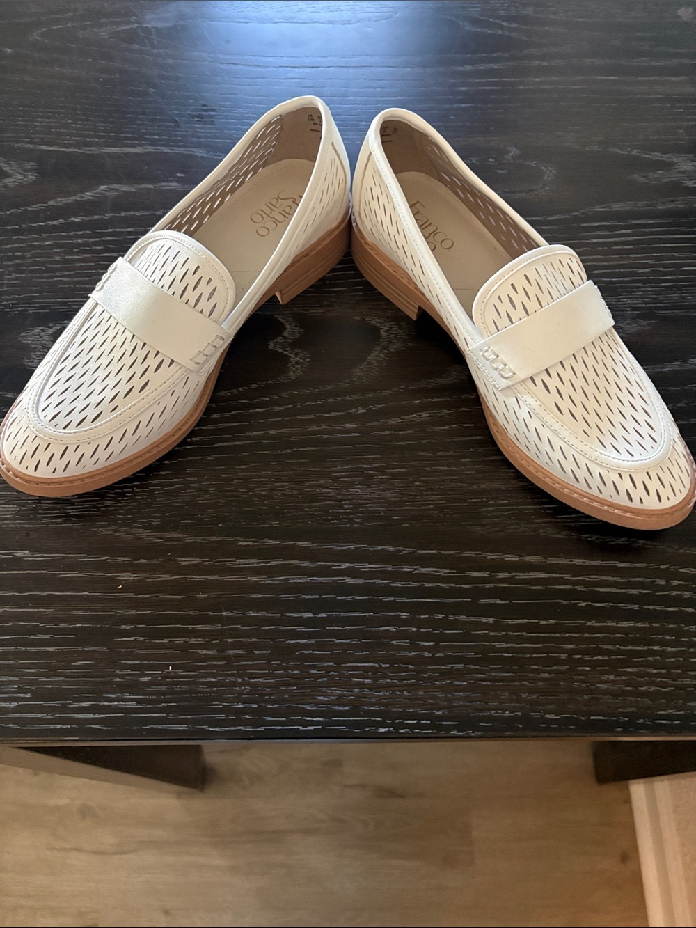 Franco Sarto Ivory Perforated Penny Loafers with Tan Sole - Picture 6 of 8